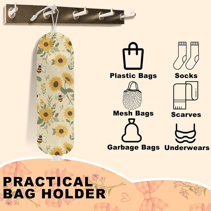 2Pcs Cute Bee Plastic Bag Holder, Wall Mount Grocery Bag Holder | Vintage Rustic Sunflower Reusable Grocery Bags Storage Dispenser for Home Kitchen Pantry, Sunflower Gifts for Women - Image 3
