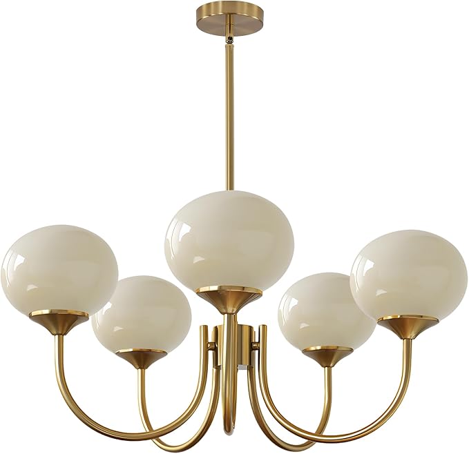 5 Light Mid Century Modern Chandelier Vintage Glass Globe Chandelier Brass Gold Ceiling Pendant Light Retro Chandeliers for Dining Room Kitchen by FlyRose