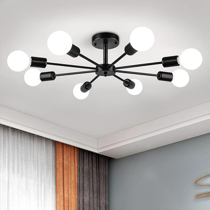 23.62'' Semi Flush Mount Ceiling Light, 8-Lights Modern Chandelier Black Living Room Light, Sputnik Light Fixtures Chandelier for Bedroom Kitchen Study Office by ZSMIHDOH