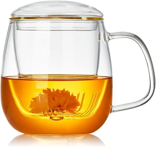 Large Glass Tea Cup, 34 oz Borosilicate Glass Tea Mug with Infuser and Lid, 1000ML Clear Tea Cups for Brewing Scented Tea and Tea Bag