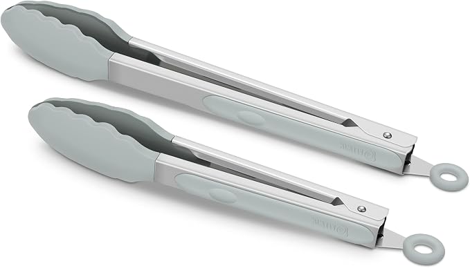 2 Pack Silicone Kitchen Tongs – 9" & 12" Set, Heat Resistant up to 500°F, Non‑Stick Cookware Safe, Wavy Silicone Tips, BPA Free, Locking Clip & Hanging Loop, Warm Grey by ALLWIN-HOUSEWARE