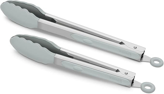2 Pack Silicone Kitchen Tongs – 9" & 12" Set, Heat Resistant up to 500°F, Non‑Stick Cookware Safe, Wavy Silicone Tips, BPA Free, Locking Clip & Hanging Loop, Warm Grey by ALLWIN-HOUSEWARE