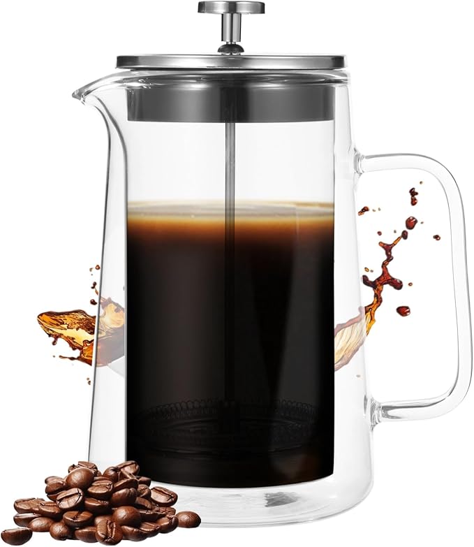 Press Coffee Maker, 1000 ml 33.8 oz Double Wall Insulated Tea Maker, High Borosilicate Glass, Fine Mesh Filter, Ergonomic Handle, Heat Safe, V Shaped Spout, For Hot and Cold Beverages by Unknown