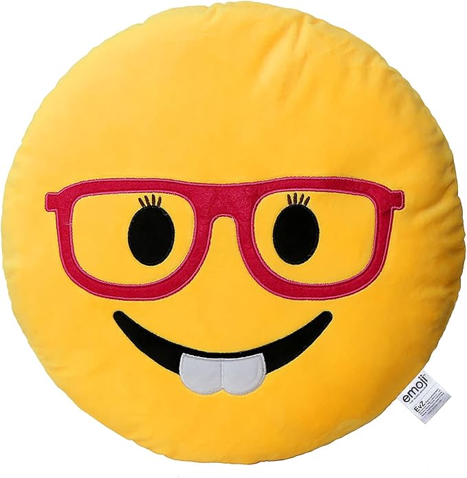 EvZ Official Certified Glasses Girl Emoji Pillow - 32cm Large Soft Plush Smiley Face Smart Emoticon Cushion - Cute Decorative Stuffed Toy for Girls, School Gift, Home & Bedroom Decor (Yellow) by EvZ