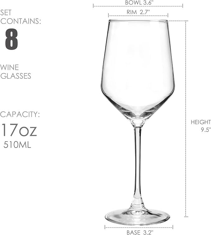 YANGNAY Wine Glasses (Set of 8, 17 Oz), Clear Wine Glasses for Red Wine, Smooth Rim, Dishwasher Safe - Image 2