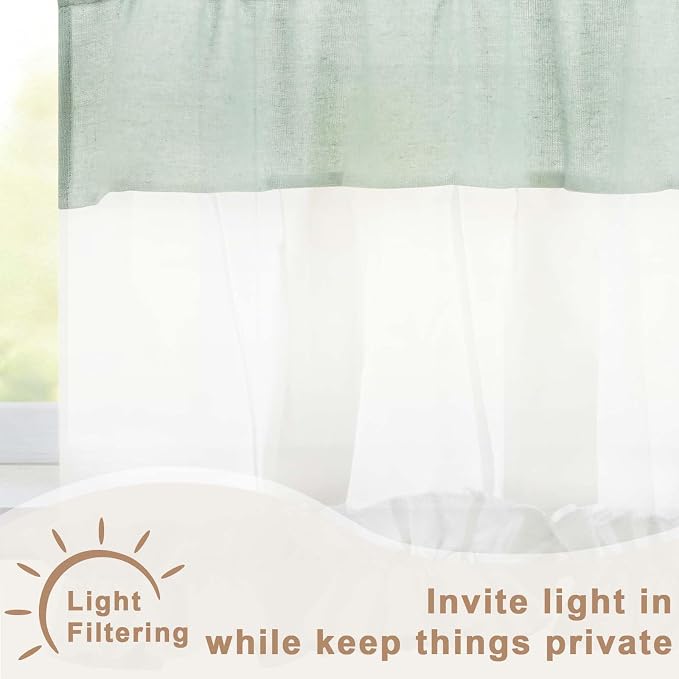 Likiyol Linen Valances for Windows Farmhouse Window Valances with Ruffle Rustic Country Light Filtering Kitchen Valance Curtains Rod Pocket Valance for Bathroom Cafe, Teal White, 52" W X 18" L - Image 4