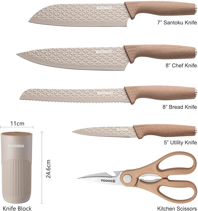 Kitchen Knife Set With Block,6-Piece Professional Chef Cooking Knives Set For Kitchen,Non-Stick Stainless Steel Knife Block Set - Image 5