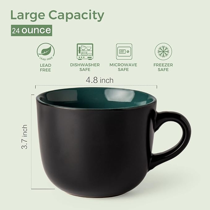 AmorArc 24 oz Soup Mugs with Handles, Jumbo Ceramic Bowls Mugs Set with handles for Coffee Cereal Cappuccino Snacks, Microwave&Dishwasher safe Soup Cups for Meal-Green - Image 2
