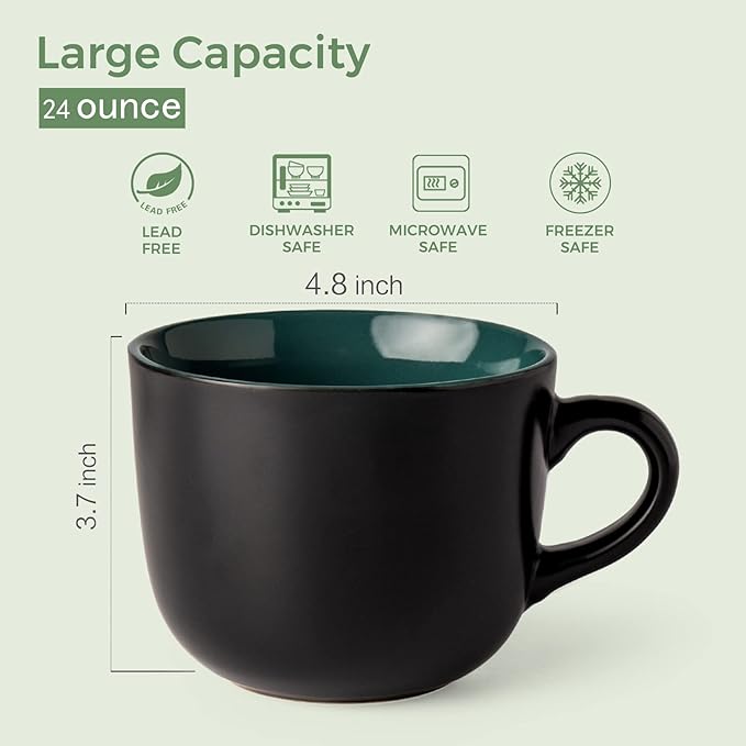 GBhome Jumbo Soup Mugs with Handles, 24 Oz Large Coffee Mugs Set of 4, Ceramic Soup bowls for Soup Cereal Snacks Salad Noodles Cups, Microwave safe - Matte Black, Colorful Inside - Image 2
