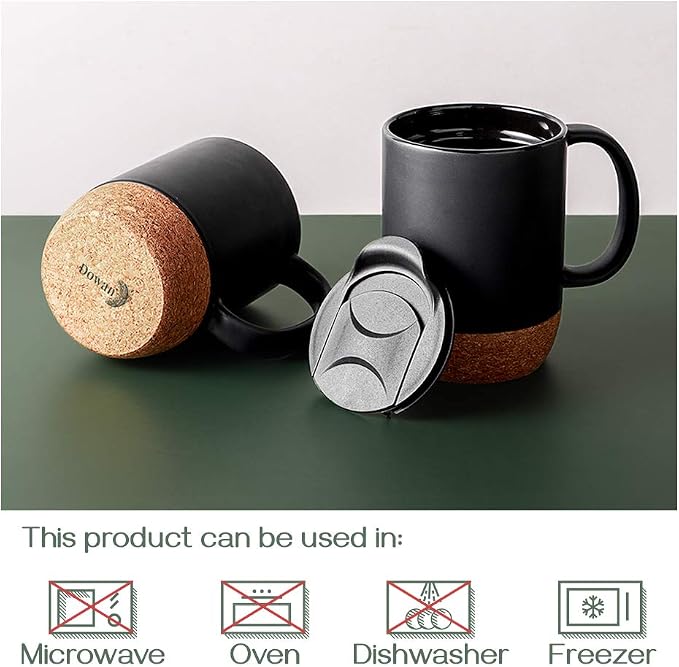 DOWAN Coffee Mugs, 15 oz Mug Set of 2, Large Ceramic Coffee Mug with Cork Bottom and Spill Proof Lid for Mom Dad, Big Mug for Latte Tea, Matte Grey - Image 6