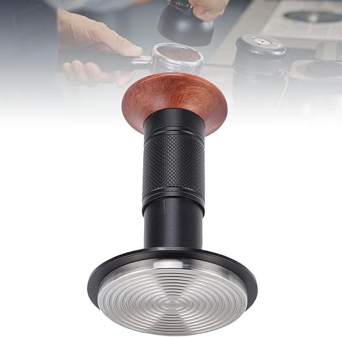 Zerodis 58mm Coffee Tamper, Universal Stainless Steel Ground Auto Rebound Spring Press Tamper with Walnut Wooden Handle Suitable for Kitchen Coffee Shop