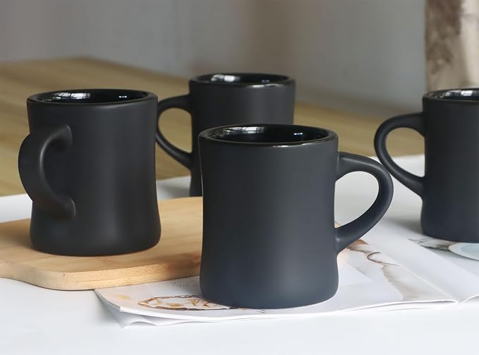 harebe Retro Coffee Mugs Set of 4, 10 OZ Heavy Classic Ceramic Diner Cups Set with Handle for Coffee, Tea, Cocoa, Milk, Latte（Black） - Image 6