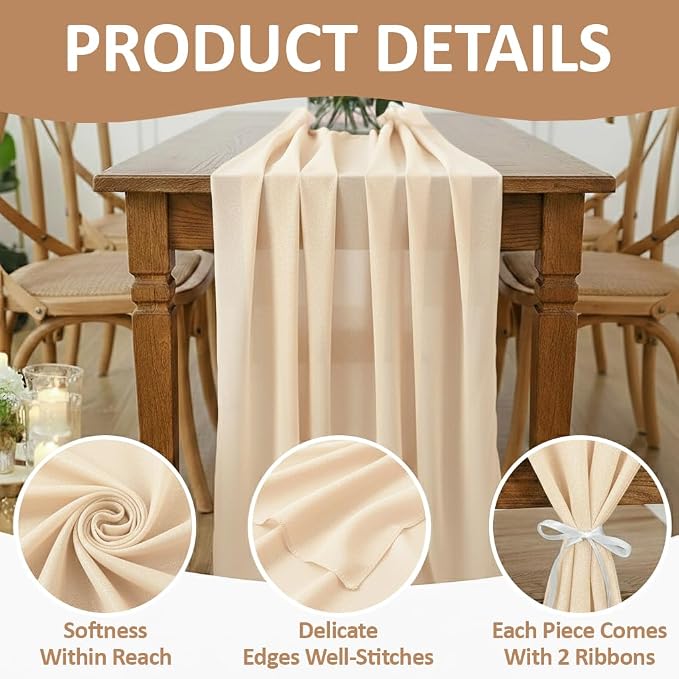 Pack of 15 | Champagne Gold | 14ft Chiffon Table Runner 29x170 Inches Long Romantic Rustic Sheer Gauze Runner for Wedding Bridal Shower Birthday Banquets Engagement Spring Easter Boho Decorations - Image 5