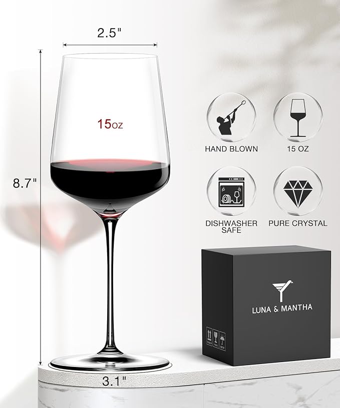 Red Wine Glasses Set of 4, 15oz Crystal Hand Blown, Long Stem, Gift | Clear, Wtite Wine Glass, Ideal Gift for Set, Toasting at Weddings or Birthdays, Daily Use - Image 6