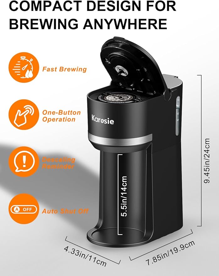 Single Serve Coffee Maker for Coffee Pods and Grounds, Fast Brew, 6-12 oz Brew Sizes Single Cup Coffee Maker Fits 5.5" Mugs, One-Button Small Coffee Maker, Descaling Reminder,Black,9.45 Inches - Image 6
