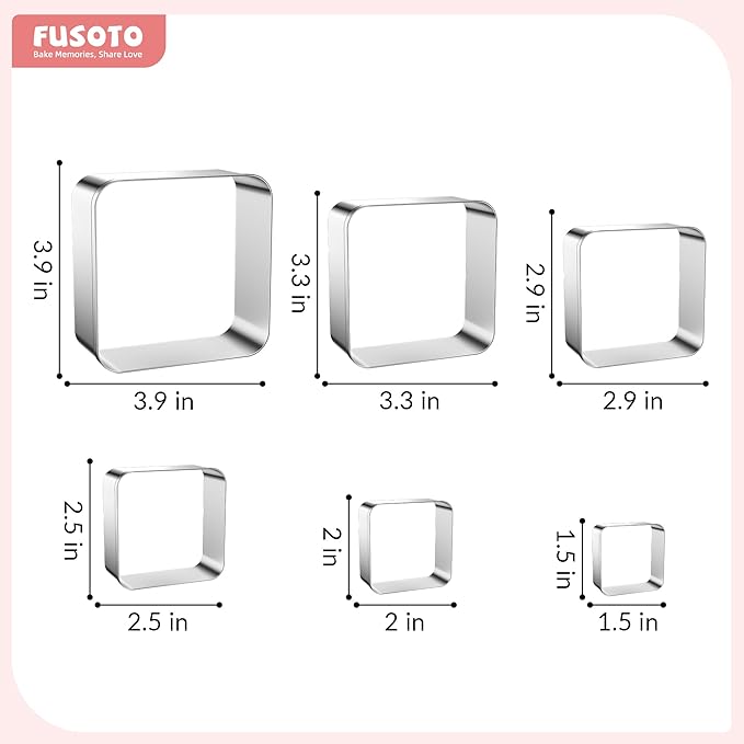 6PCS Square Cookie Cutters Set, Stainless Steel Kitchen Baking Supplies, for Biscuit, Homemade Cookies, Cake Decorating, Geometric Cookie Cutter, (1.5", 2", 2.5", 3", 3.5", 4"), Square