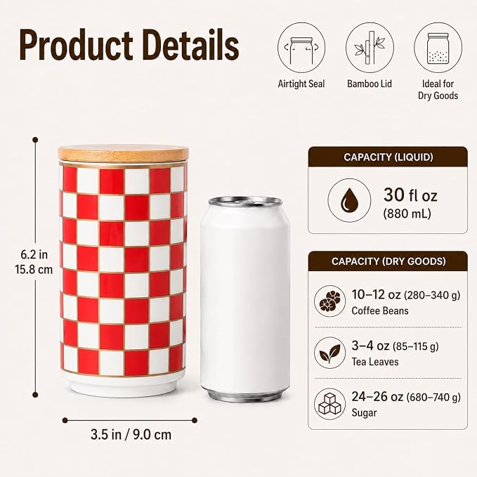 Kitchen Countertop Ceramic Checkered Canisters,Black And White Food Storage Containers With Lid,Airtight Kitchen Canisters for Flour, Sugar, Coffee, Tea, and Dry Goods (Red, Large) - Image 3
