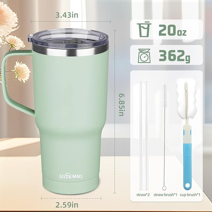 20 oz Insulated Coffee Mug with Ceramic Coating, Stainless Steel Travel Mug Tumbler with Handle Lid and Straw, Double Wall Leak-Proof Coffee Travel Mug Keeps Drink Hot and Cold (Matcha) - Image 2