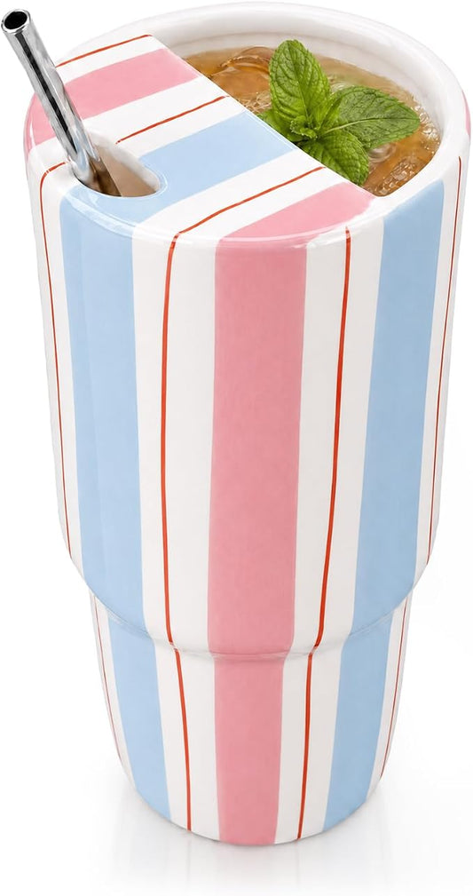 Large Ceramic Coffee Mug with Sip Hole 20 oz Pastel Striped Travel Cup with Straw and Cleaning Brush Coffee Espresso Latte Tea Cup for Kitchen Dining Birthday Gift by Ferrochef