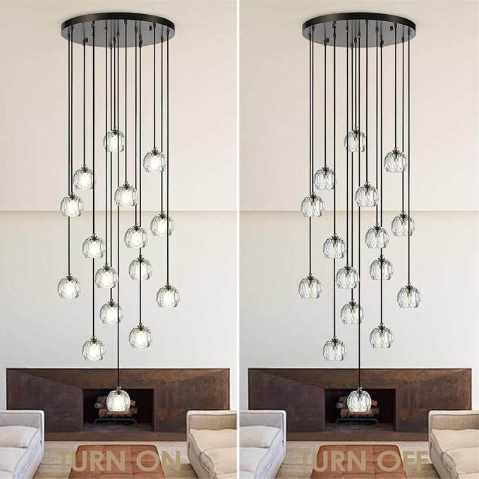 High Ceiling Foyer Chandelier, Brushed Black 16 Lights Crystal Staircase Chandelier, Modern Cut Pendant Raindrop Cluster Lighting Fixture for Entryway Living Room - Image 5