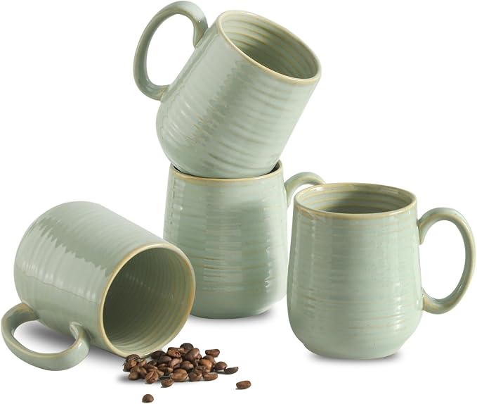Coffee Mugs Set of 4, 15 Ounce Ceramic Coffee Cups with Handle, Large Mug Set for Latte, Tea, Chocolate, Modern Cup Gift for Men and women, Dishwasher & Microwave Safe,Sage Green by JINGUS