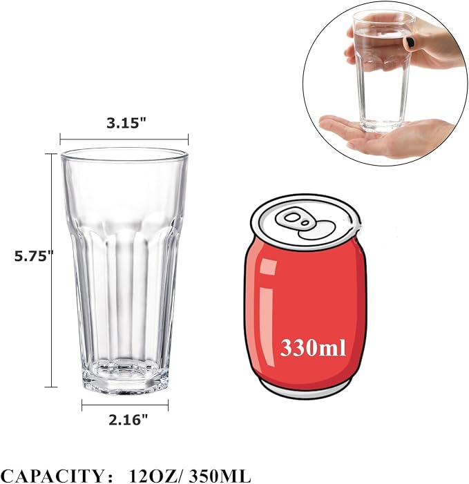 Yopay Set of 8 Highball Drinking Glasses, 12oz Lead-Free Tempered Water Glasses Thick Heavy Base, Clear Iced Hot Tea Glassware for Cocktail, Juice, Milkshake, Soda Beer Tumbler Cup - Image 2