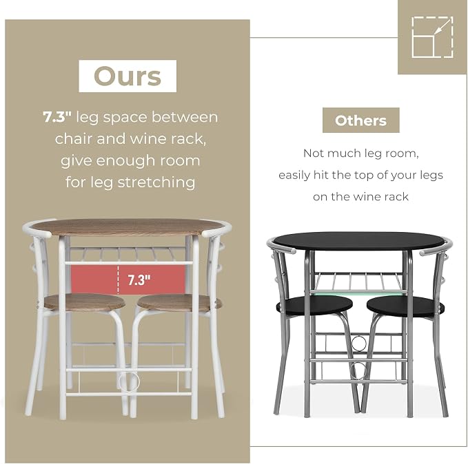 VINGLI 3 Piece Dining Set,Small Kitchen Table Set for 2,Breakfast Table Set,Kitchen Wooden Table and 2 Chairs for Small Space/Dining Room/Apartment,Metal Frame,Wine Rack,White&Warm Oak - Image 5