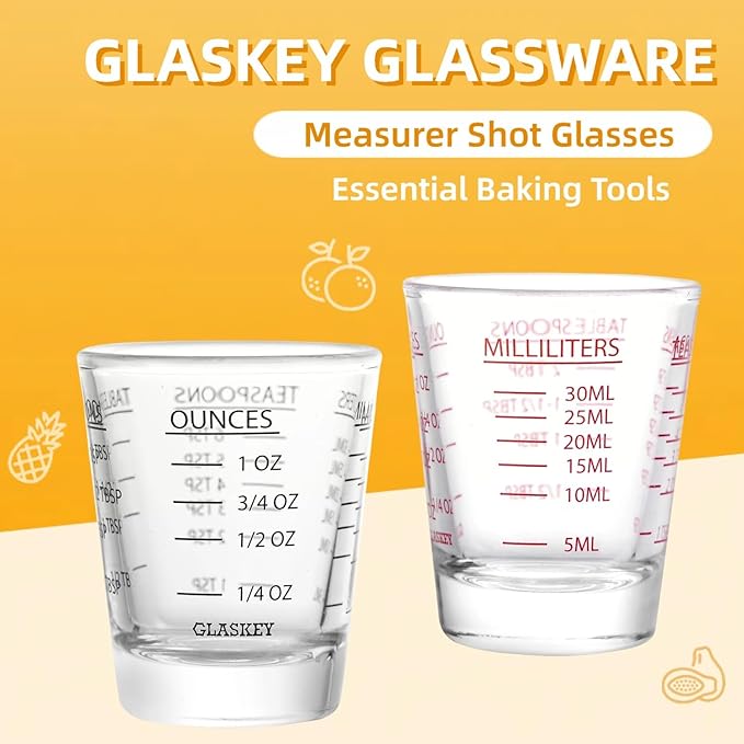 GLASKEY Shot Glasses Measuring Cup Set - 2 Pack Espresso Shot Glasses with Precise Measurement Marks,Heavy Duty Glass,Dishwasher Safe,Perfect for Coffee,Cocktails and Kitchen Use (Black & Red)