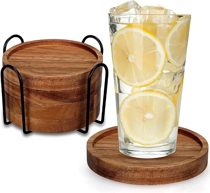 Wood Coasters Set of 4 Farmhouse Outdoor Coster for Drink Patio Table Decor | Cute Wooden Coaster with Holder Rustic Coffee Bar Accessories Kitchen and Dining Room Decoration Aesthetic Cool Cup Coasters by Renawe