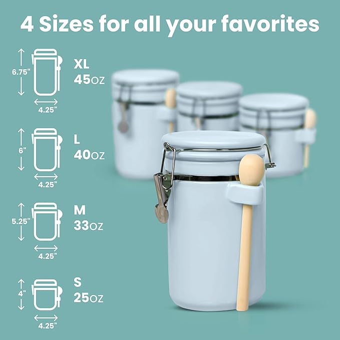 Home Intuition 4-Piece Ceramic Kitchen Canisters Set, Airtight Containers with Wooden Spoons Reusable Chalk Labels and Marker for Sugar, Coffee, Flour, Tea (Light Blue) - Image 6