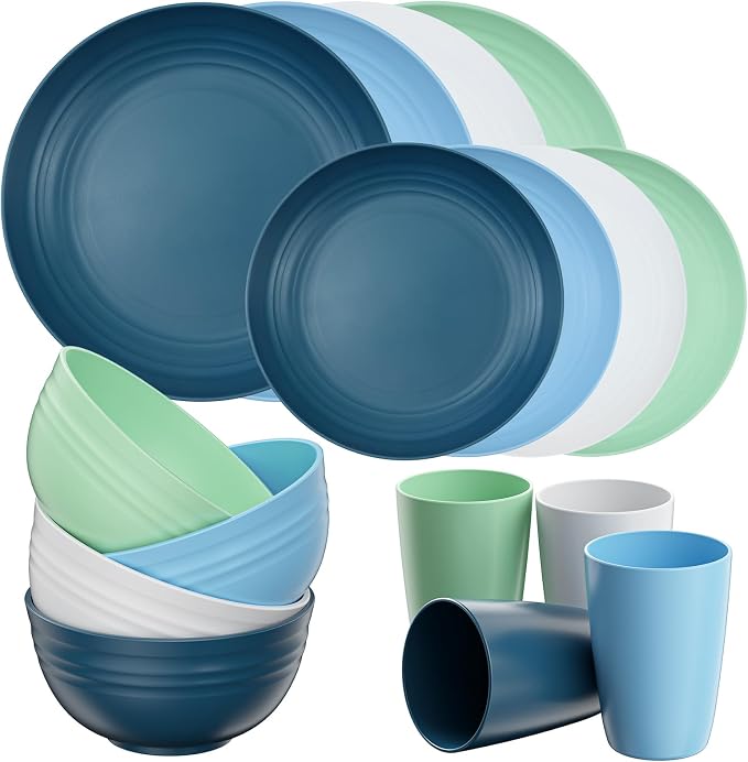 Quatish 16 Piece Plates and Bowls Sets for 4, Unbreakable Dinnerware Sets, Plastic Dish Set for Camping, Dishwasher Microwave Safe, Outdoor Kitchen and Apartment Dorm Dinning RV Essentials, Blue by Quatish