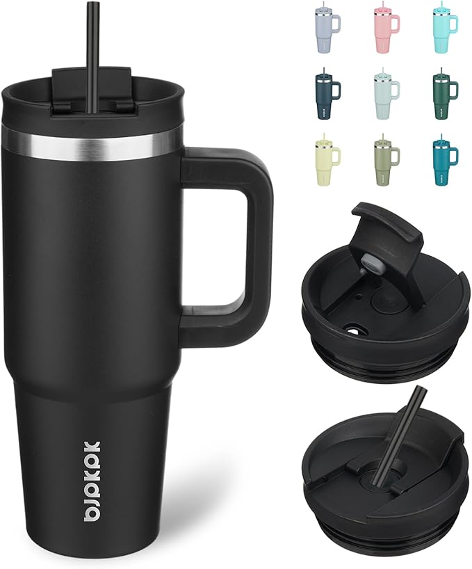 BJPKPK 30 oz Insulated Tumbler with Handle & Straw, Stainless Steel | Double Wall Vacuum Insulation, Leak Proof, BPA Free, Dishwasher Safe, Cupholder Friendly, Travel & Outdoor, Black by BJPKPK