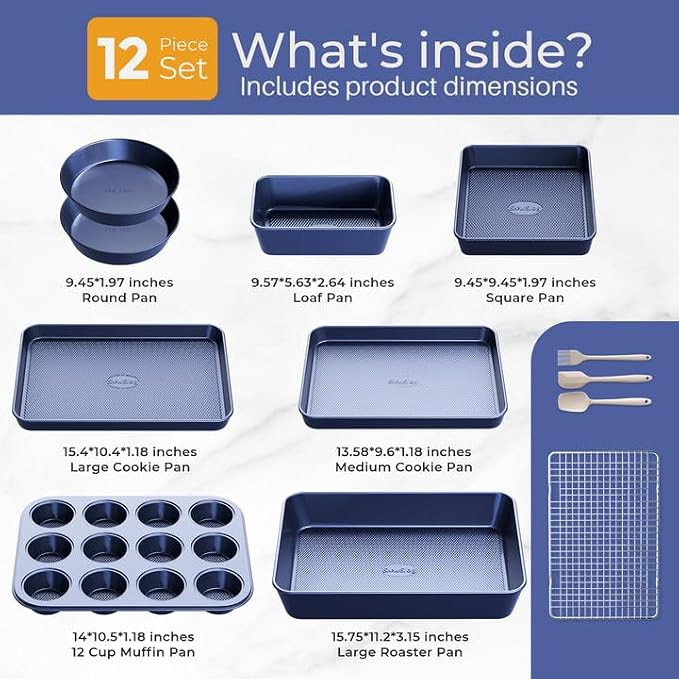 12-Piece Ceramic Coated Nonstick Baking Set, Oven Safe Bakeware - Blue | Bakeware Set Including Cake Pan, Muffin Tray, Loaf Pan, Square Pan, Roaster, Cookie Sheet, Cooling Rack and Baking Utensils - Image 2