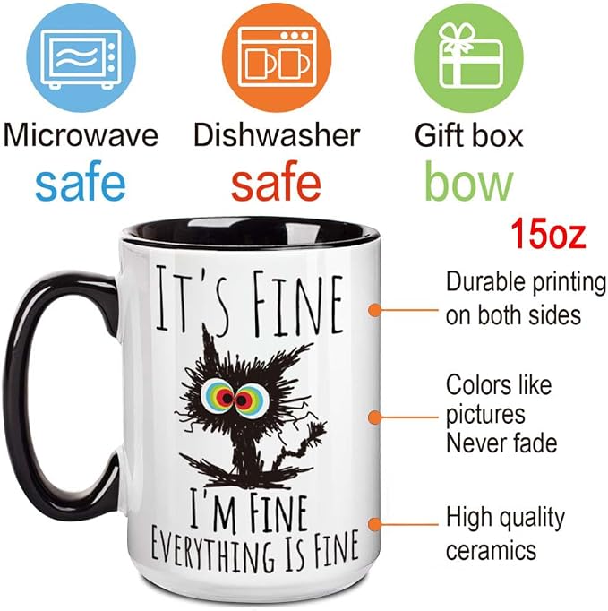 FALJIOK I'm Fine Everything is Fine Coffee Mug 15oz Funny Sarcastic Cat Mug Gifts for Cats Lover Novelty Mug Gifts for Cat Lover Women Mothers Day, Funny Cats Mug Gift for Coworker Manager Friend - Image 3