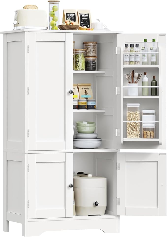 TEENFON 43'H Pantry Cabinet with 4 Doors, Kitchen Cabinet with 6 Door Shelves, Storage Cabinet-Kitchen Pantry for Living Room, Dining Room, Bathroom, White by TEENFON