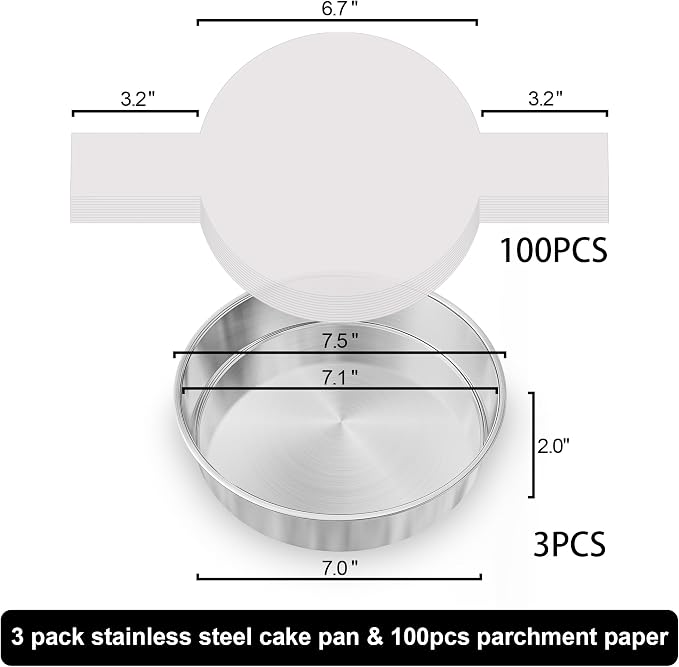 7 Inch Round Cake Pans, 3PCS Stainless Steel Cake Pan &100 Parchment Paper | AWTBDP Nonstick Heavy Duty Circle Cake Pan Tins Set for Birthday Wedding Baking Layer Cakes, Dishwasher Safe & Easy Release - Image 2