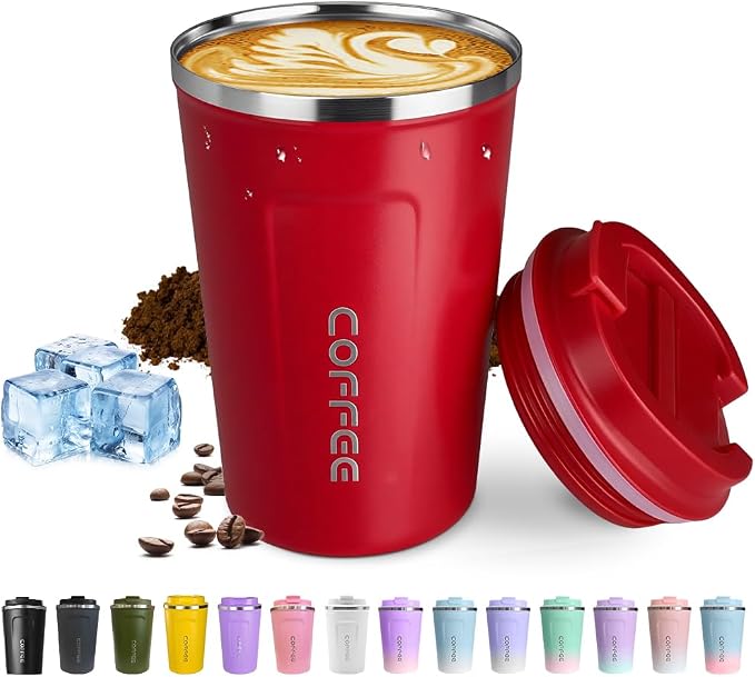 SPLMIFA Travel coffee mugs leak-proof, reusable coffee cup with lid, stainless steel vacuum insulated coffee tumblers, thermal insulation cups for men & women keep drinks hot & cold (2nd-Red, 12OZ) by SPLMIFA