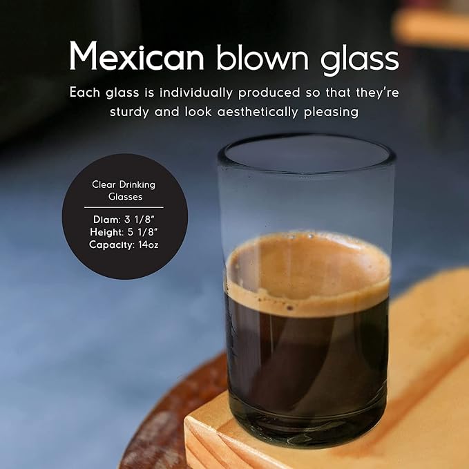 Clear 14 oz Drinking Glasses (Set of 6) | Hand Blown Mexican Glassware | Recycled Glass Drinking Glasses for Water, Juice, Margarita, Cocktails & Whiskey, Lead-Free Toxin Free - Image 4