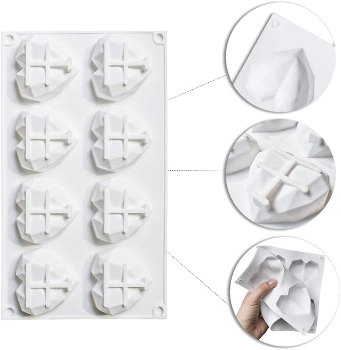 8 Grid Diamond Heart Silicone Cake Chocolate Mold Silicone Baking Pan Mold for DIY Cake Mousse Dessert 3D Diamond Love Heart Shaped Mould for Candy Fondant Ice Cream Soap Cupcake Cheesecake Jelly - Image 3