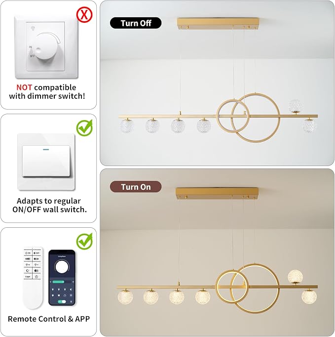 ORANOOR Modern Gold Chandeliers Pendant Light, 47in Dimmable LED Chandelier | Linear Gold Pendant Light for Kitchen Island Dining Room, 6 Globe Hanging Pendant Chandelier Lighting Fixture, 2 Rings 4200lm - Image 6