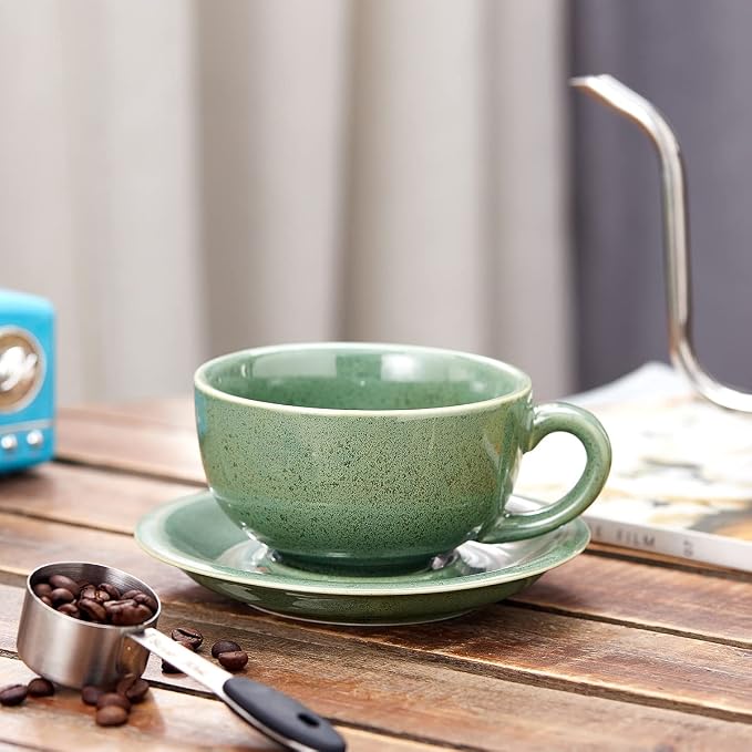 Coffeezone Vintage Design 12 oz Ceramic Latte Art Cappuccino Barista Cup with Saucer (Green) - Image 3