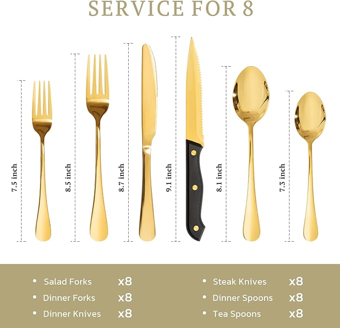 Astercook Silverware Set 48-Piece Gold Flatware Set with Steak Knives Food-Grade Stainless Steel Cutlery Set for 8 Mirror Polished Utensils Set Include Spoons and Forks for Home Kitchen Restaurant - Image 6