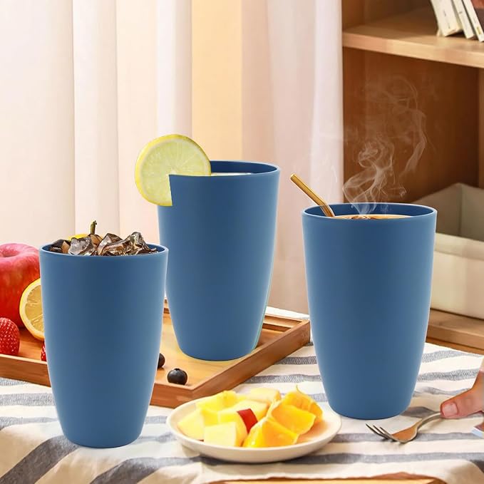 20 OZ Large Drinking Cups, Wheat Straw Cups Set of 6, Unbreakable Plastic Tumblers, Big Kitchen Cups Microwave & Dishwasher Safe Water Glasses for Kitchen, Bathroom, Party - Blue - Image 7