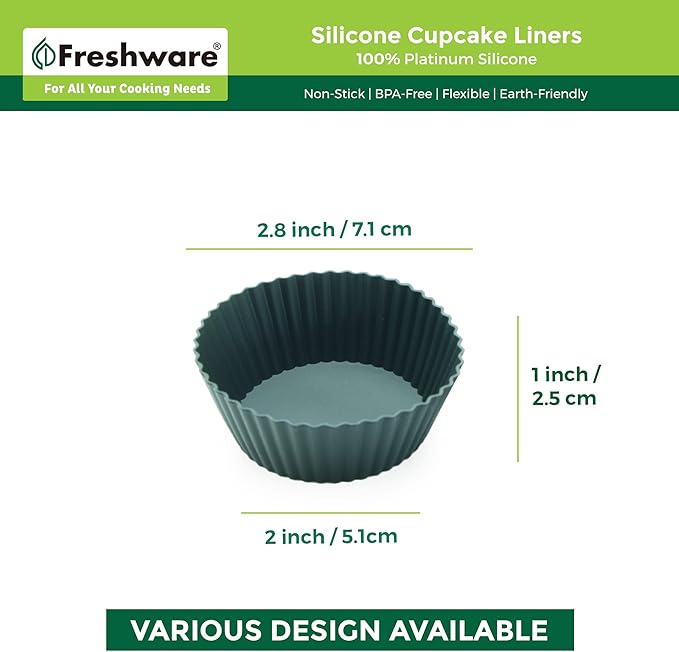 Freshware Cupcake Liners - Pack of 12 Silicone Muffin Cups, 2.8 Inch Baking Cups, Reusable & Non-stick for Party, Halloween, Christmas, Round
