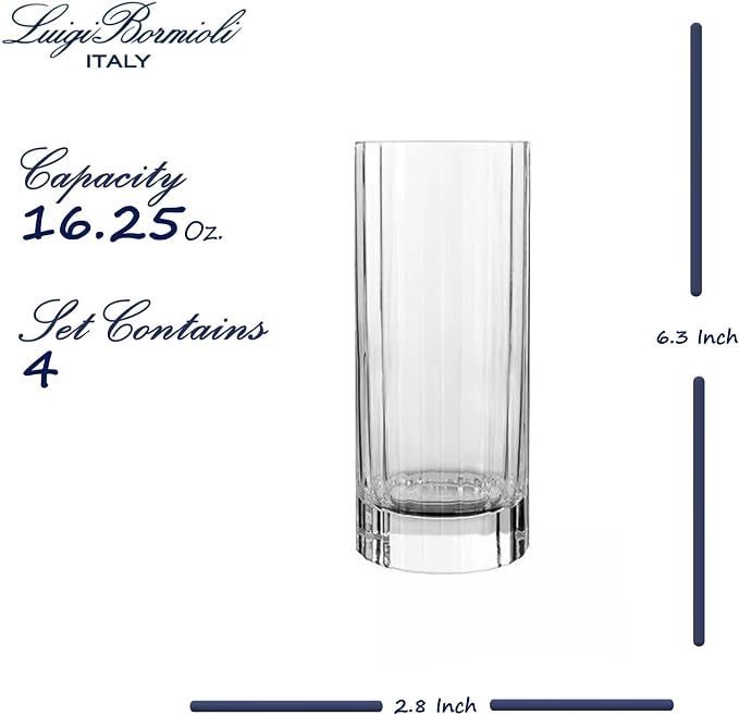 Luigi Bormioli Bach Highball Glasses, 16.5 Oz - Clear, Set of 4 | Durable Crystal Glasses, Ribbed Design Drinkware for Cocktails, Iced Tea & Juices, Smooth Rim, Heavy Base, Dishwasher Safe - Image 2
