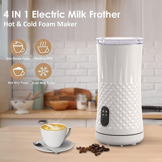 Electric Milk Frother and Steamer, Upgraded 4-in-1 Milk Frother with Auto Shut-Off, Quick and Effortless Frothing, Milk Foamer Frother for Coffee, Latte, Cappuccino, Hot Chocolates, White