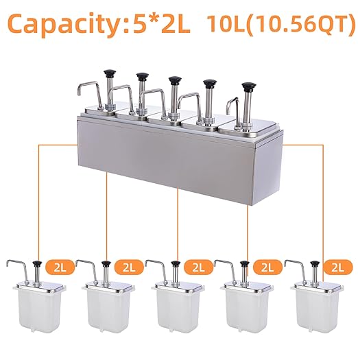 10.57 Quart Ketchup Pump Dispenser,Condiment Dispenser Pump, Large Capacity Detachable Leak-Proof Design for Sauce, Honey, Syrup,Soy Sauce,Mustard,Cheese (5 pumphead, 2.11 QT Each)