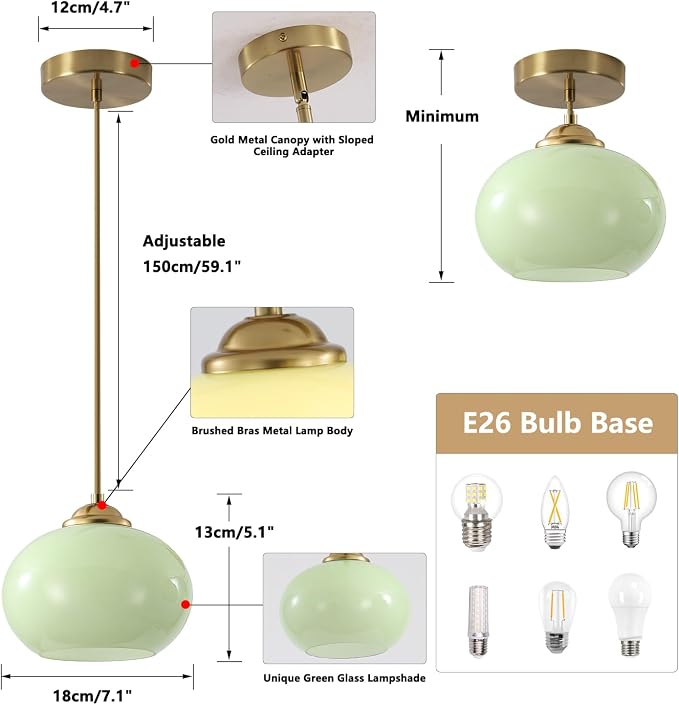 KCO Lighting Vintage Green Glass Pendant Light Brushed Gold Island Pendant Lights Small Globe Hanging Light Nordic Green Chandelier - Image 2