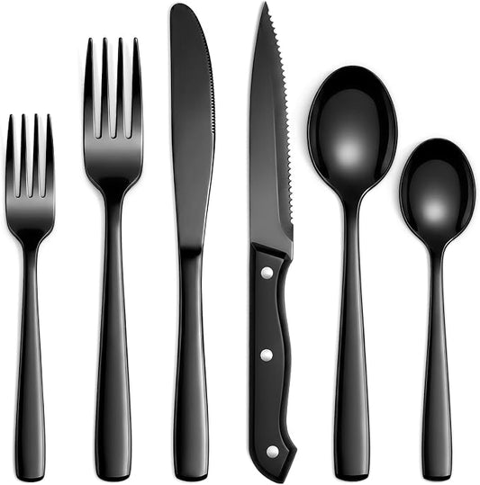 Hiware 48-Piece Black Silverware Set for 8, 18/10 Stainless Steel Flatware Cutlery Set with Forks, Knives, Spoons, Steak Knives, Durable and Elegant Design Utensils Tableware - Dishwasher Safe by HIWARE