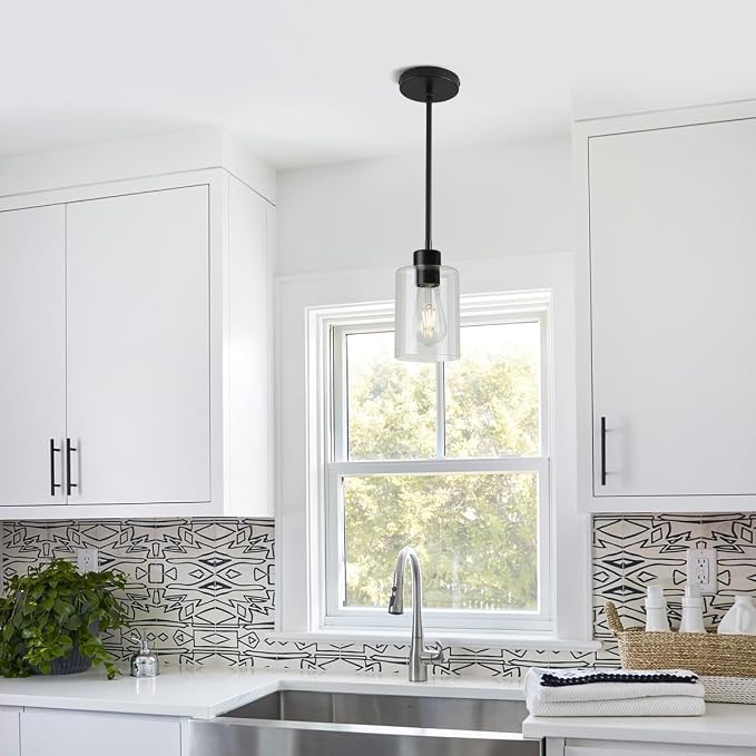 Black Pendant Lights Kitchen Island,Modern Farmhouse Glass Pendant Light,Light Fixture Kitchen Pendant Mini Hanging Light Fixture for Sink (1 Pack Black stem Rod) - Image 3